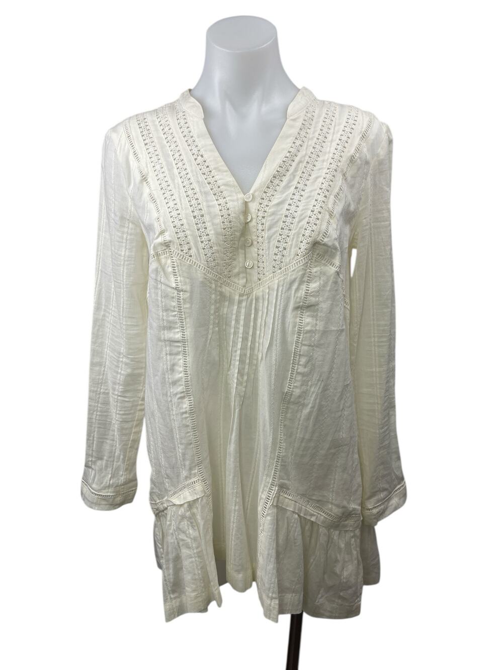 Free People Women's White Lace Pleated Long Sleeve Mini Tunic Shift Dress Sz XS